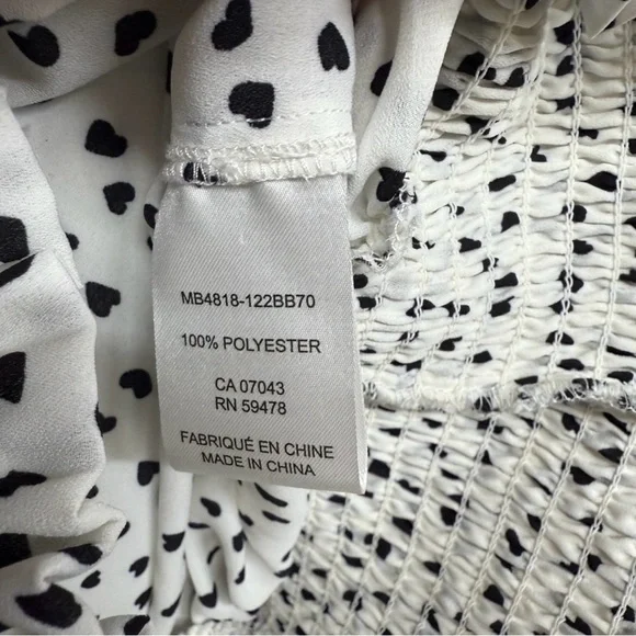 Rachel Zoe Heart Print Smocked Waist Tie Neck Blouse White Black XS - Picture 6 of 9